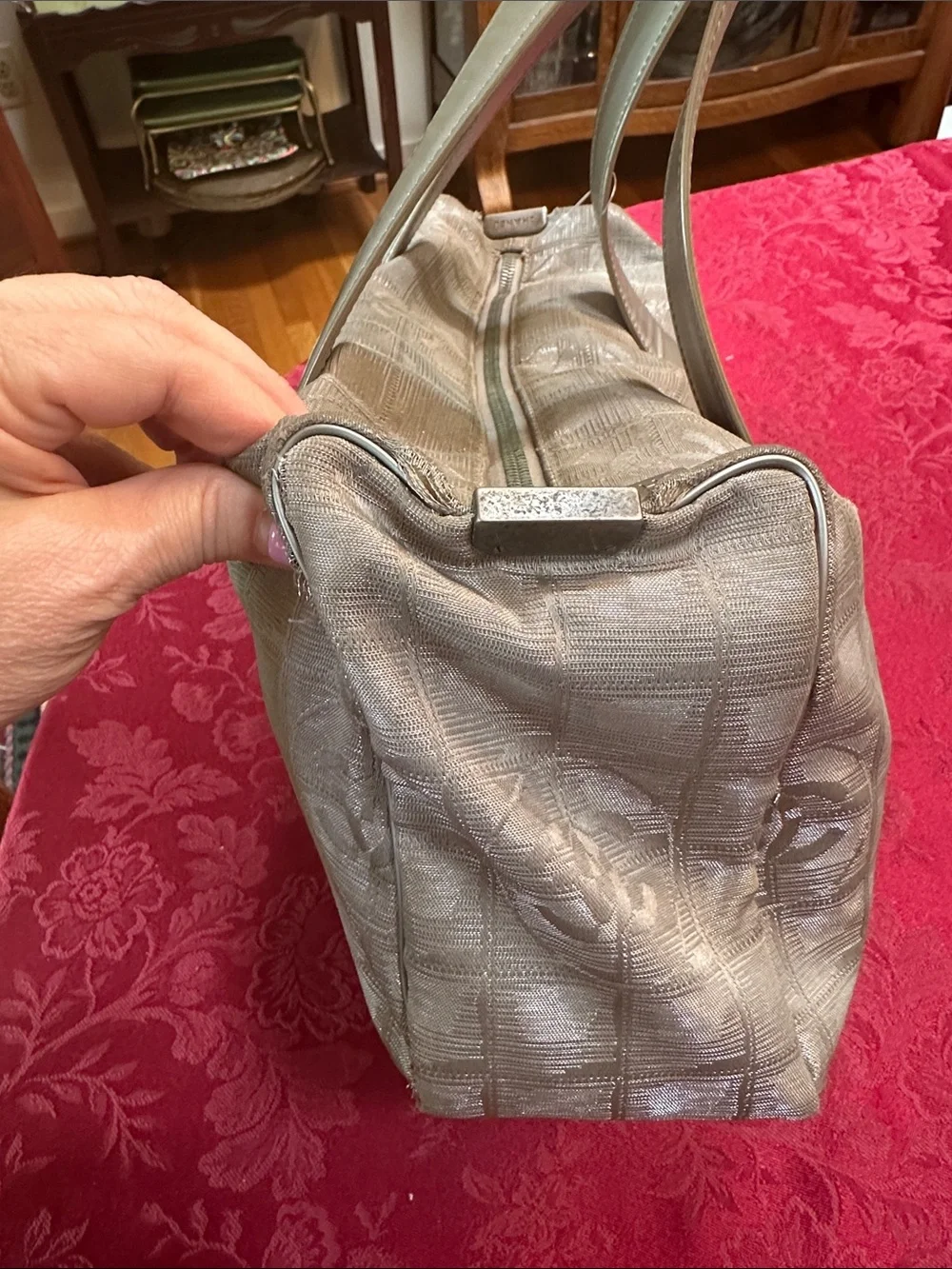 Chanel Champagne Silver Nylon Shimmer Travel Ligne Baguette